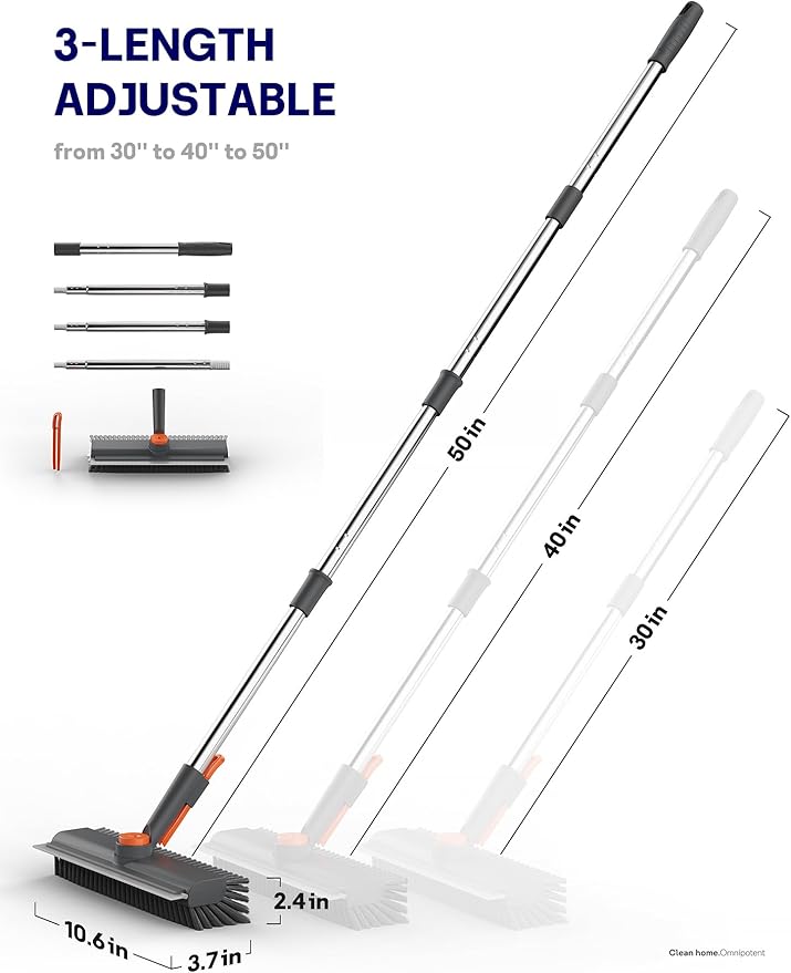 Floor Scrub Brush with Long Handle 3 in 1 Multi-angle Swivel Right Angled Bristle Floor Scrubber Brush with Squeegee and Tweezer for Cleaning Tile Wall Deck Bathroom Patio Garage Kitchen (Grey)