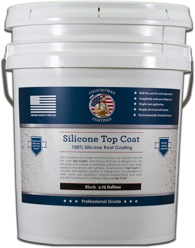 100% Silicone Roof Coating for RVs Campers &amp Flat Roofs - Waterproof Seal for Leaks Cracks &amp Seams - Ponding Water Resistant - 4.75 Gallon Black