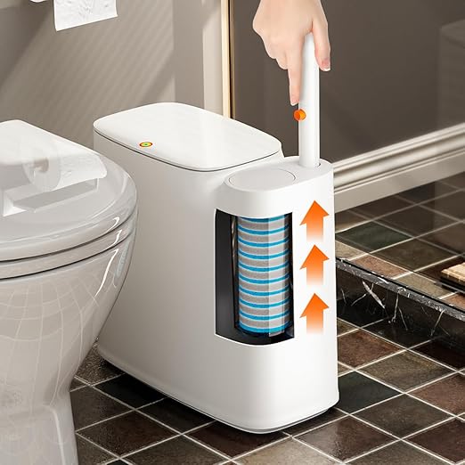 CTIME Bathroom Trash Can Set - Narrow White Plastic Small Trash can a Toilet Wand Toilet Brush Holder and 36 Refills 2 Gallon Trash can with pop-up lid Suitable for bathrooms and Small Toilets.