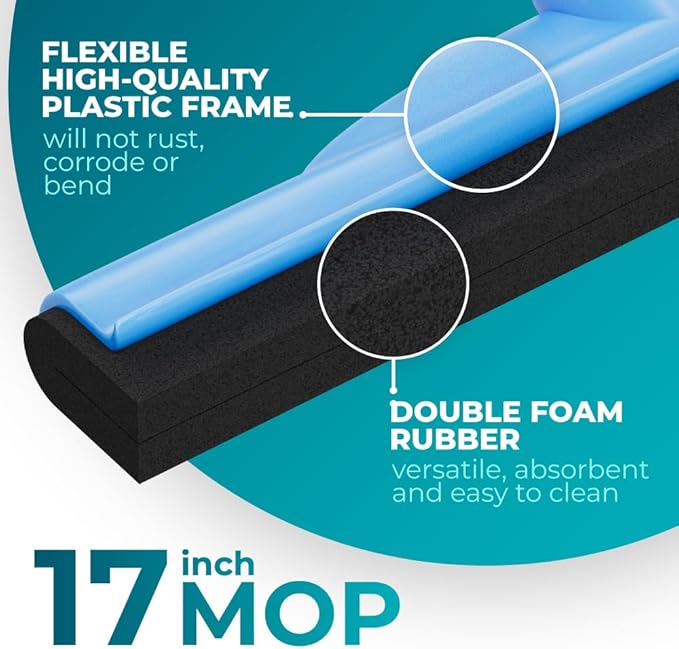 HeloMor 2 Pack 17” Floor Squeegee Broom Scrubbing Brush with Telescopic Long Handle for Garage Patio Deck Tile and Shower | 62 Large Floor Squeegee for Concrete Floor | Shower Telescopic Squeegee