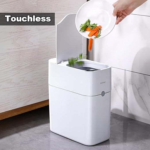 MOPUP Bathroom Trash Can Automatic Bagging Garbage Can 3.5 Gallon Slim Smart Small Plastic Trash Bin Narrow Motion Sensor Trash Can for Bedroom Office White