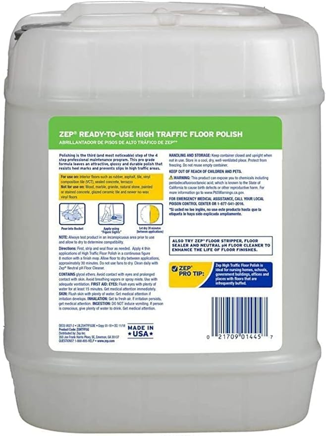 Zep High Traffic Floor Polish - 5 Gal (1 Pail) ZUHTFF5G - Scuff and Slip Resistant Durable Floor Finishing Polish for Vinyl (VCT) Sealed Concrete Rubber Tile and Terrazzo Floors
