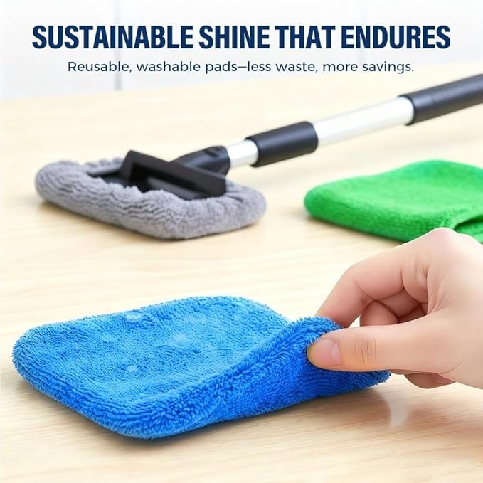 Extendable car Window Cleaner Upgraded with a Large Head and 4 Microfiber Pads Suitable for car interiors and Home Windows.