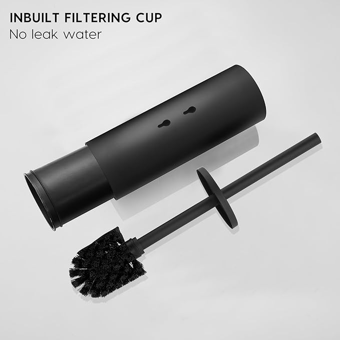 Toilet Bowl Brush and Holder 304 Stainless Steel No-Punch Hook Base Dual Purpose Toilet Brush Holder with Removable Inner Bucket and Splash Cover - Soft Bristles (Black)