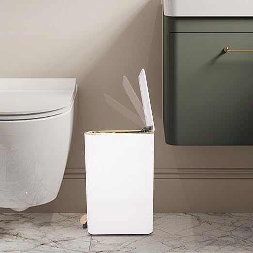 12L Slim Step Trash Can with Lid Soft Close 15.5 x 12 x 8.6in Size Stainless Steel Trash Bin Rectangular Wastebaskets Bin for Living Room Bedroom Office (White)