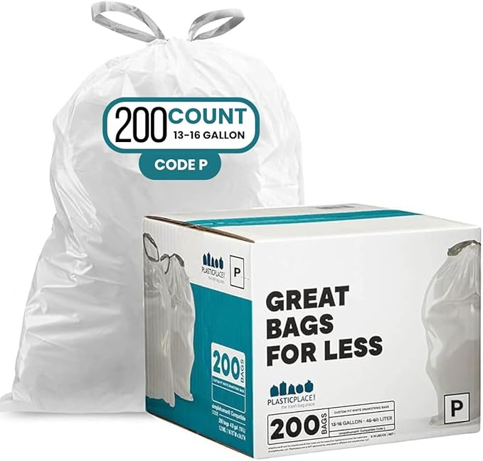 Plasticplace Drawstring Trash Bags Compatible with simplehuman Code P White Garbage Liners 13-16 Gallon / 50-60 Liter 23.5 x 31.5 (200 Count)