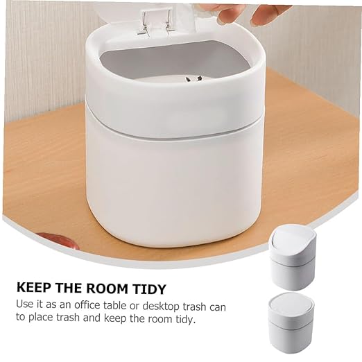 NUOBESTY 2pcs Mini Desk Trash Can with Lid Wear-Resistant Plastic Desktop Wastebasket for Kitchen Office Bedroom Compact Tabletop Garbage Bin for Home Organization