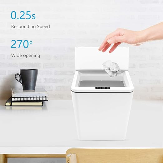 Automatic Small Countertop Trash Can with Lid 1.5 Gal/6L Toucheless Mini Waste Bin for Office Desk/Bedside Table/Coffee Bar -Batteries White