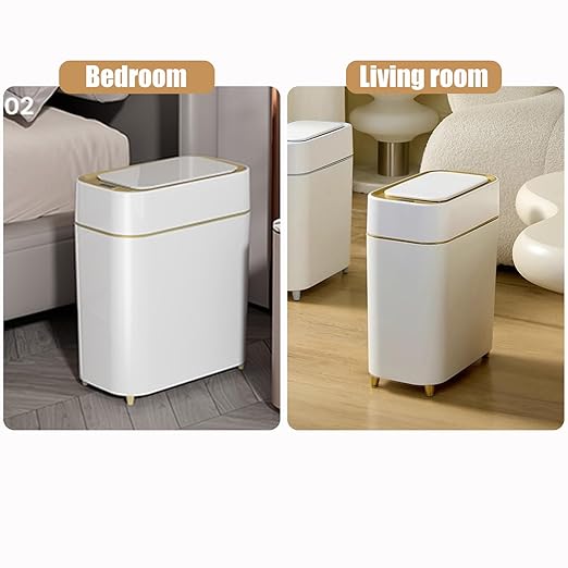 Yatmung 2-Pack - Automatic Compact Trash Can with Touchless Lid Smart Garbage Can - Waste Basket for Bathroom Bedroom Laundry Room Small Spaces - Motion Sensor Trash Bin - White with Gold Edge