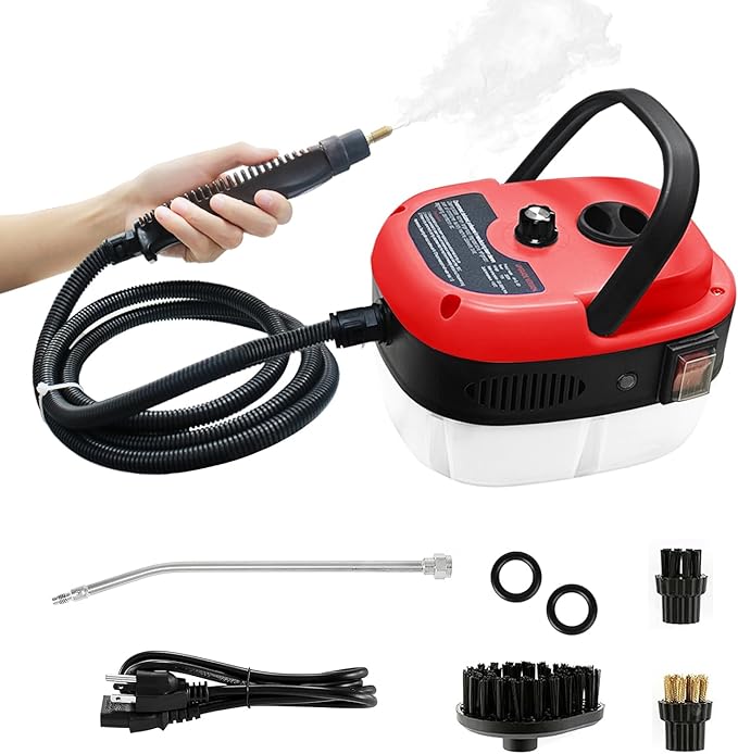 Handheld Steam Cleaner 2500W Pressurized Steam Cleaner with 3 Brush Heads Portable Steam Cleaner for Home Car Furniture Kitchen Bathroom and Wall Red