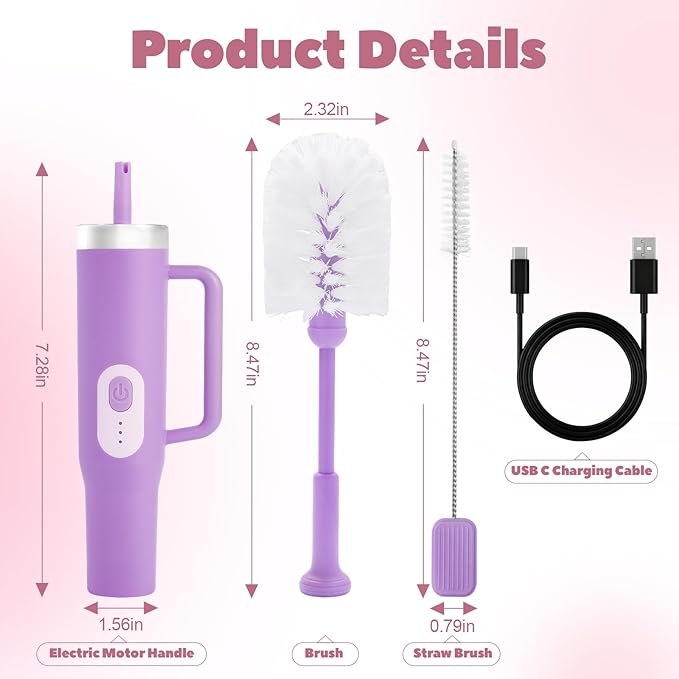 Electric Water Bottle Brush and Straw Cleaner Brush Long Handle Bottle Cleaner Brush 2 in 1 Bottle Cleaning Brush for Sports Bottles Baby Bottles Mugs StrawsStanley Cup