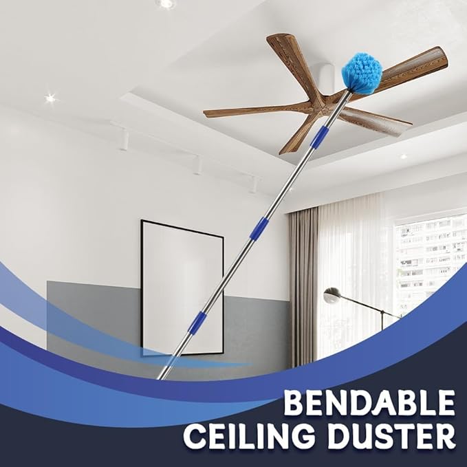 Extended Reach Cobweb Duster with 8-Foot Pole - Medium Bristle Brush for Ceiling Wall and Indoor/Outdoor Cleaning Lightweight Stainless Steel (10FT)
