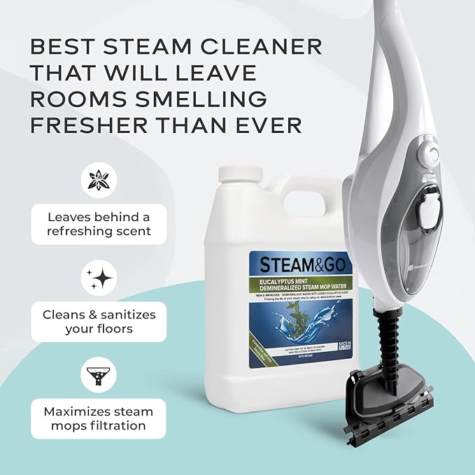 Steam &amp Go - The Housekeeper Steam Cleaner For Floors &amp Demineralized Water Bundle 10-in-1 Hard Floor Cleaner Machine &amp Grout Steam Cleaner with Floor Cleaning Solution 32 oz Eucalyptus