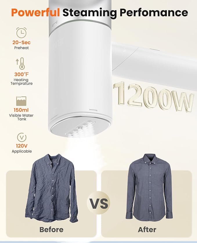 Handheld Steamer for Clothes 1200W Foldable Travel Steamer 20 Sec Preheat Garments Wrinkle Remover 120V Portable Hand Iron with 150ml Water Tank Clothes Steamer for Home Travel-White
