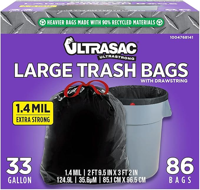 Ultrasac Black Large Heavy Duty Drawstring Trash Bags 33 Gallon 1.4 MIL 33.5 x 38 - Pack of 86 - For Home Commercial Construction &amp Outdoor