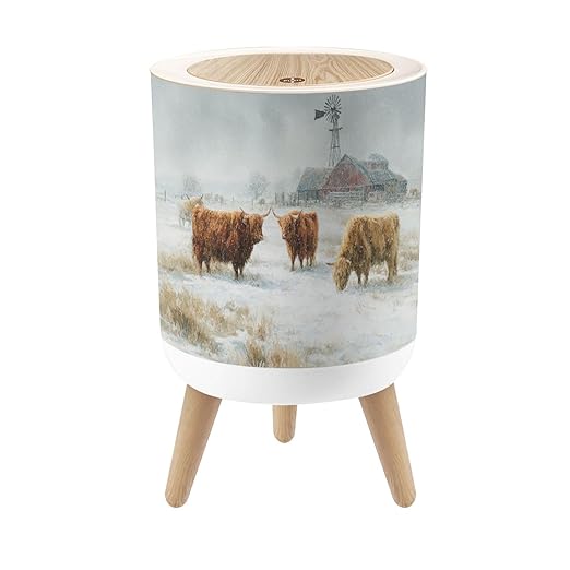 Bathroom Trash Can with Lid Farmhouse Decor Cow Pictures Red Barn Winter Snow Scene Rustic Home Garbage Bin Waste Basket for Kitchen Office Bedroom Decoration Diaper Pail 1.8 Gallon
