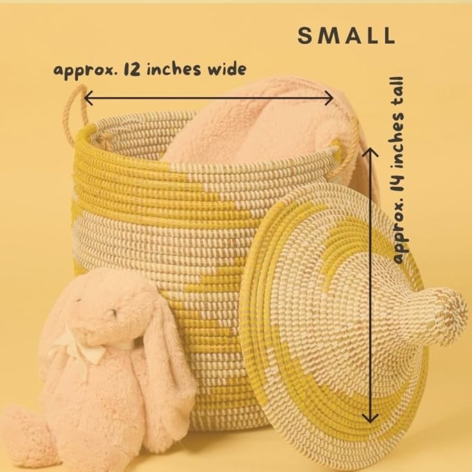 Toy Basket Handwoven African Basket 12 Inch Wide 14 Inch Tall Yellow and White