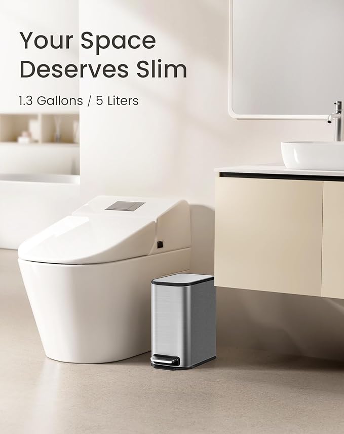 Cesun Small Bathroom Trash Can with Lid Soft Close Step Pedal 5 Liter / 1.3 Gallon Stainless Steel Garbage Can with Removable Inner Bucket Waste Basket for Bathroom Bedroom (Silver)