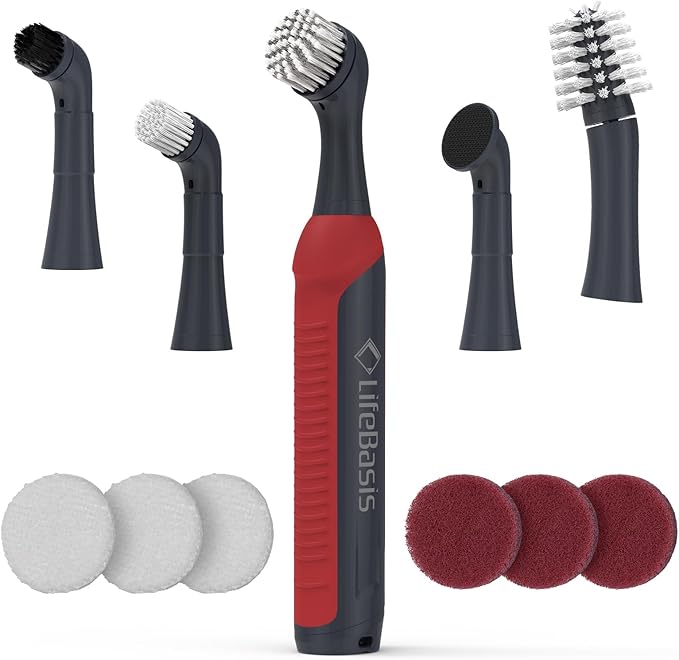LifeBasis Rechargeable Power Scrubber 11-Piece Kit Cordless Electric Cleaning Brush IPX7 Waterproof Electric Grout Brush for Home Kitchen Bathroom Grout Tile Shower Tub Red