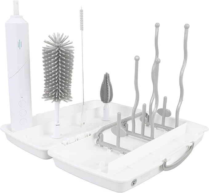 Electric Bottle Brush Set Rechargeable 3 Speeds Bottle Cleaning Brush with 2 Replaceable Heads and Drying Rack Cordless Electric Bottle Cleaner for Baby Bottles Travel Outdoor