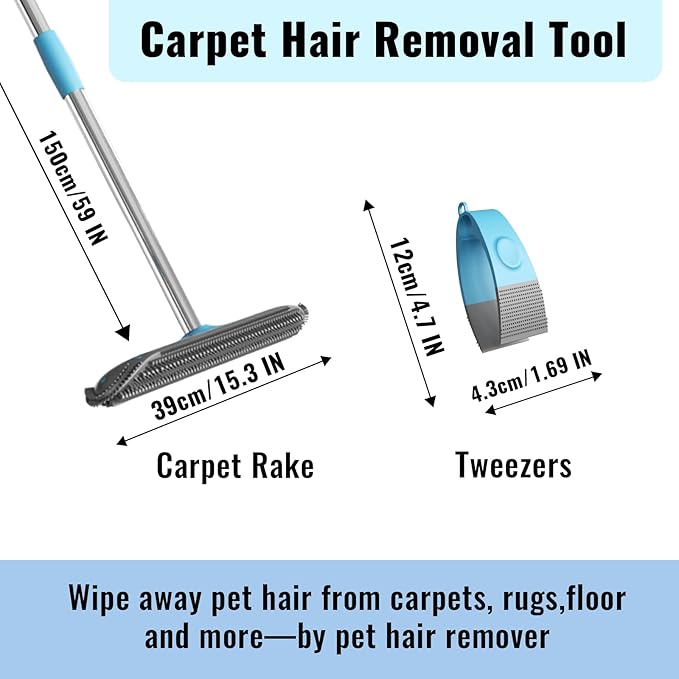 Carpet Rake for Pet Hair Removal Tool 2 in 1 Carpet Scraper with 59 Adjustable Handle Silicone Rug Rake for Dog &amp Cat Fur Hair Pet Hair Remover for Rugs Mats Couch Furniture Floor