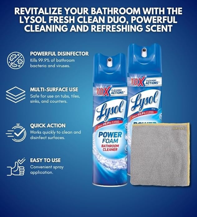 GROVE Power Foam Bathroom Cleaner Spray 24 oz Bundle with Microfiber Cloth - Powerful Foaming Bathroom Cleaner for Soap Scum and Limescale Removal - Leaves Surfaces Sparkling Clean - (3 Items)