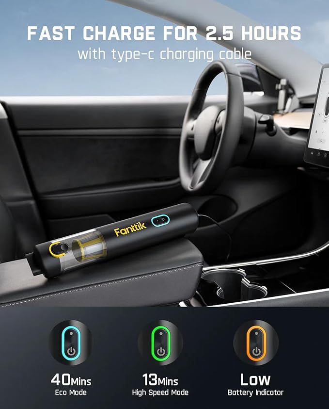 Fanttik Slim V8 APEX Car Vacuum 4-in-1 Portable Mini Cordless Vacuum with 19000pa Suction Power Type-C Charge 2 Suction Modes Handheld Vacuum for Small Jobs Car Office Desk Keyboards (Black)