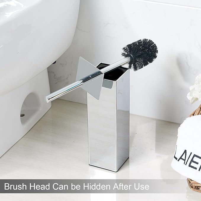 Chrome Square Stainless Steel Toilet Brush with Holder 304 Modern Toilet Brush Set – Rust Resistant Long Handle Replacement Heads Floor Standing Bathroom Toilet Cleaning Brush
