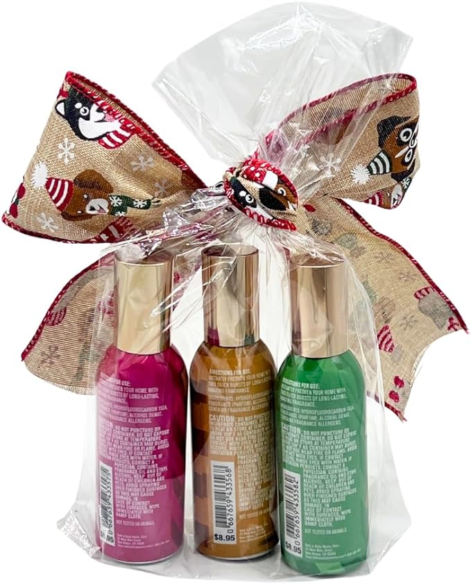 Bath &amp Body Works WINTER HOLIDAY Scents – UNDER THE CHRISTMAS TREE MRS. CLAUS’ COCKTAIL and ICED GINGER SNAP Concentrated Room Spray 3pc Gift Sets 1.5oz w/ 30-In Christmas-Themed Puppy Burlap Rib