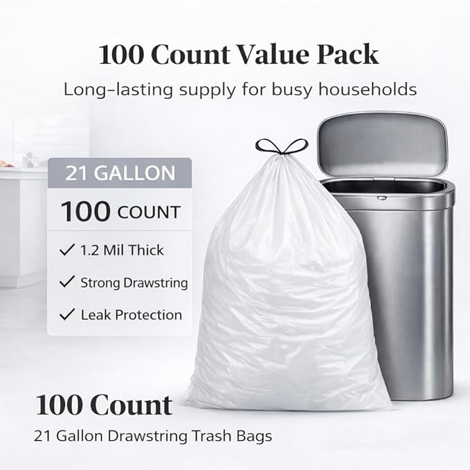 21 Gallon Drawstring Trash Bags 100 Count Extra Strong Drawstring Kitchen Garbage Bags Fit for 80 Liter / 21.1 Gal Tear-Resistant Unscented Household Liners 1.2 Mil Large Trash Bags