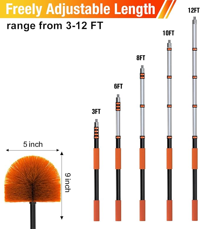 12FT Cobweb Duster with Extension Pole Spider Web Brush for Cleaning Extendable Professional Ceiling and Corner Dusters for Outdoor Indoor Use