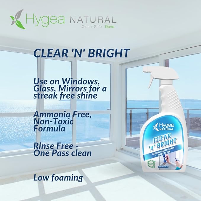Hygea Natural Clear 'n' Bright - Non-Toxic Glass Cleaner Spray - Streak-Free &amp Ammonia-Free Window Cleaning - Window &amp Mirror Cleaning Supplies - Safe &amp Fast (3 Pack 24oz Spray)