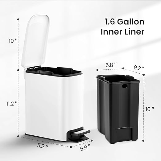 Cesun Small Bathroom Trash Can with Lid Soft Close Step Pedal 6 Liter / 1.6 Gallon Stainless Steel Slim Garbage Can for Bedroom Diaper Waste Basket with Removable Inner Bucket (White)