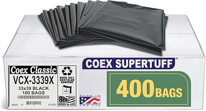 Aluf Plastics - Value COEX 3 Ply Garbage Bags 33 Gallon 1.5 Mil (eq) 33x39 Black 400 Count