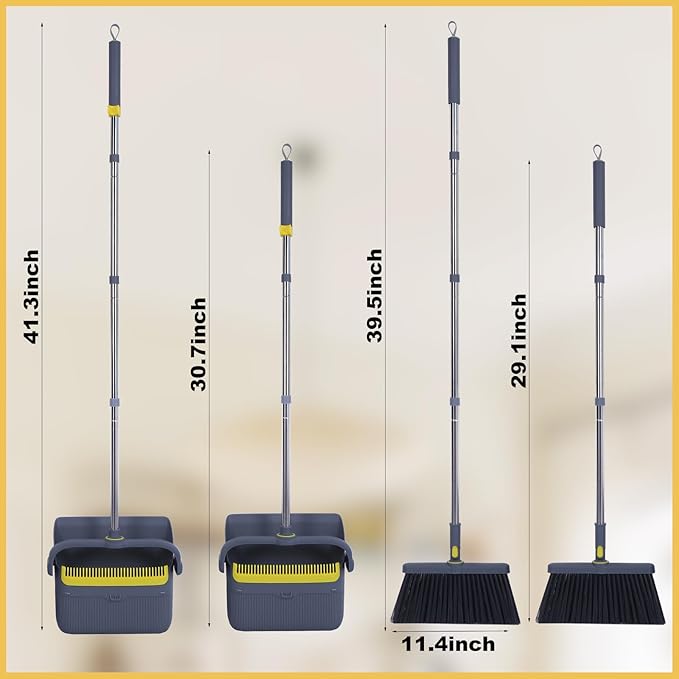 Heavy Duty Broom and Standing Dustpan Combo Set Rotatable Head Dust Pan and Brush Set with Collapsible Handle Cleaning Teeth Hanging Loop Ideal for Pets RV Kitchen Camping Outdoor Floor Gray