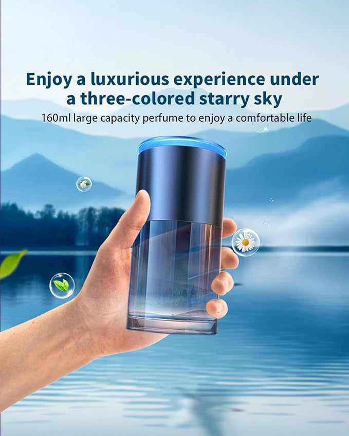Smart Car Air Freshener New Car Smell Larger 160ml Capacity Long-Lasting 8-Month Fragrance Auto On/Off Quiet Operation Three Colors Stylish Ambient Light Premium Scent for Men (Ocean Fragrance)