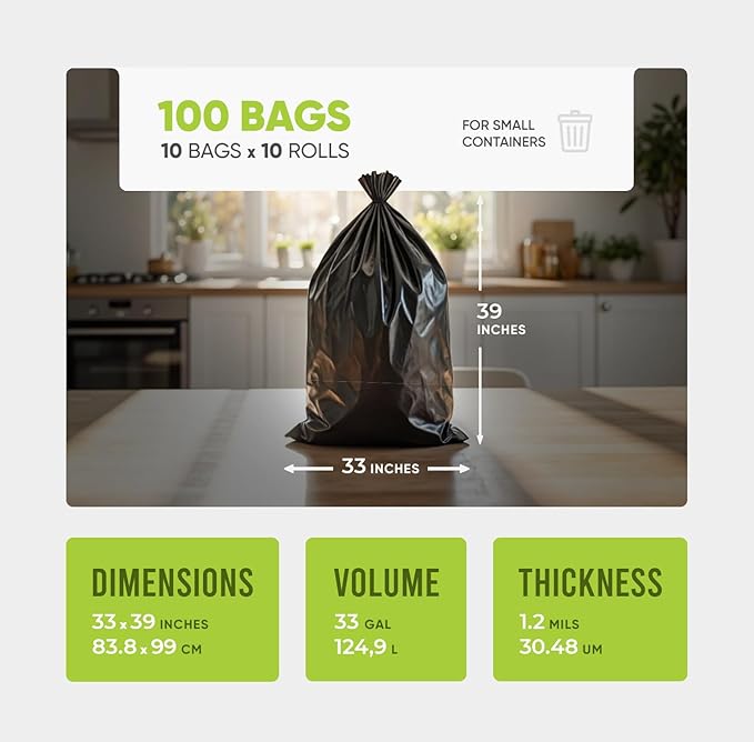 Ultra-Strong Trash Bags 33x39 Inches Heavy Duty 1.2 Mils 100 Count – Large Leak-Proof &amp Tear-Resistant Garbage Bags for Home Kitchen Office &amp Commercial Use 33 Gallon Capacity