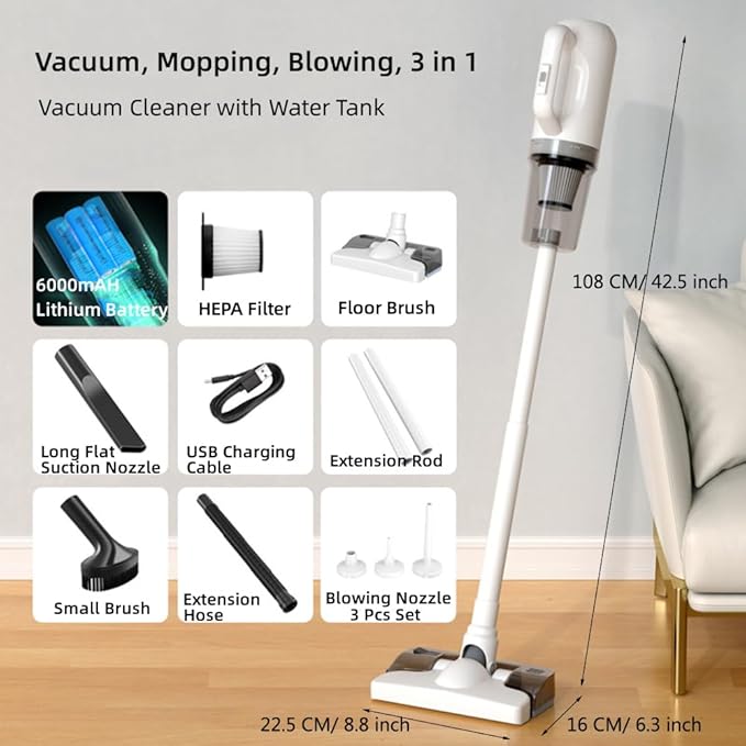 Cordless Stick Vacuum Cleaner and Mop Combo Vacuum Blower and Mop 3 in 1 12000pa Suction Stick Vacuum Cleaner Rechargeable Upright Vacuum with Water Tank for Home Hard Floor Pet Hairs