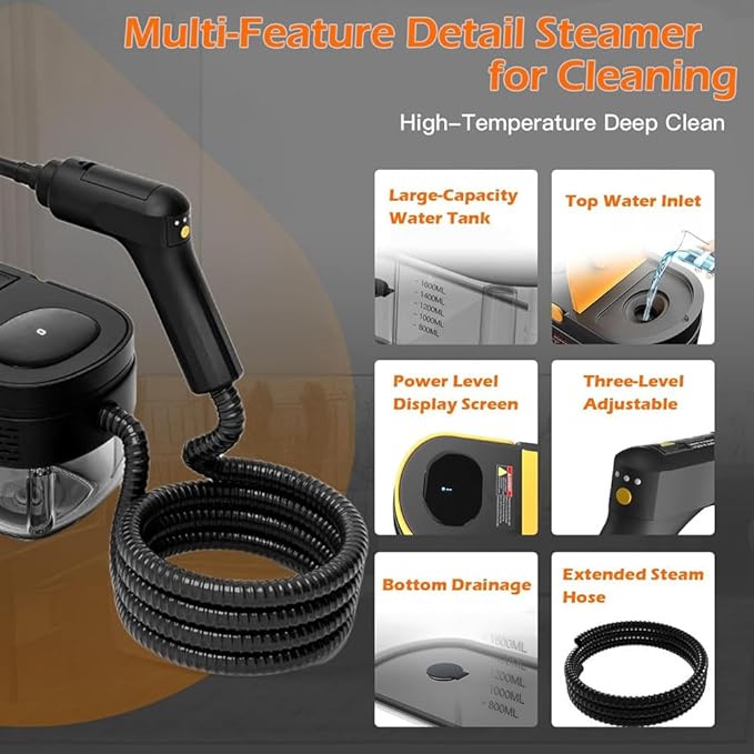 2500W Handheld Steam Cleaner Portable Steam Cleaner 1600ML 3 Gear Adjustable for Cleaning Upholstery Bathroom Grout and Tiles Car Detailing Yellow and Black