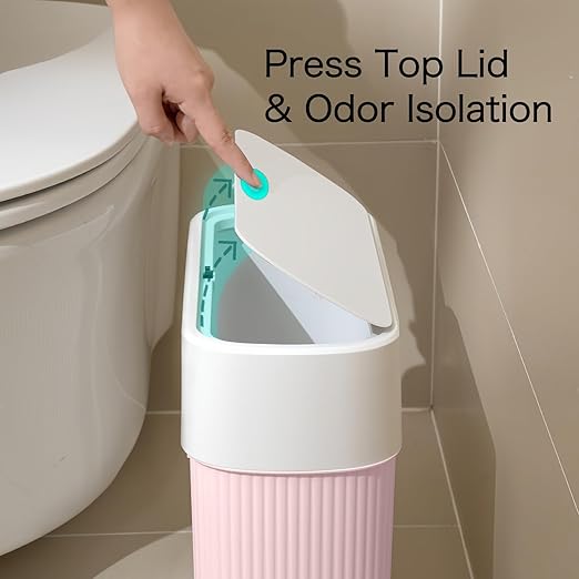 Bathroom Trash Can with Lid 12L Small Plastic Garbage Can for Kitchen with Press Top Lid 3.2 Gallon Slim Dog Proof Wastebasket Trash Bin for Office Bedroom Living Room Home Cabinet-Pink
