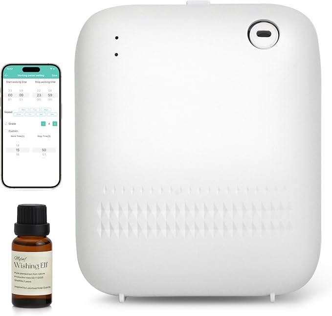 Waterless DiffuserWireless Essential Oil Battery Operated2000 Sq FtSafety LockQuietBluetooth AppHotel Home Collection Scent Machine - White