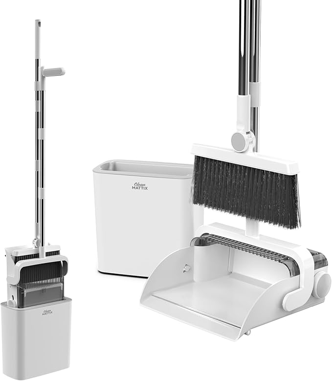 DustDockPro: Broom and Dustpan Set with Trashcan - Long Handle Upright Dust Pan with Teeth Comb Angled Bristles for Pet Hair Removal Compact Cleaning Kit for Kitchen Home Tiles Hard Floors
