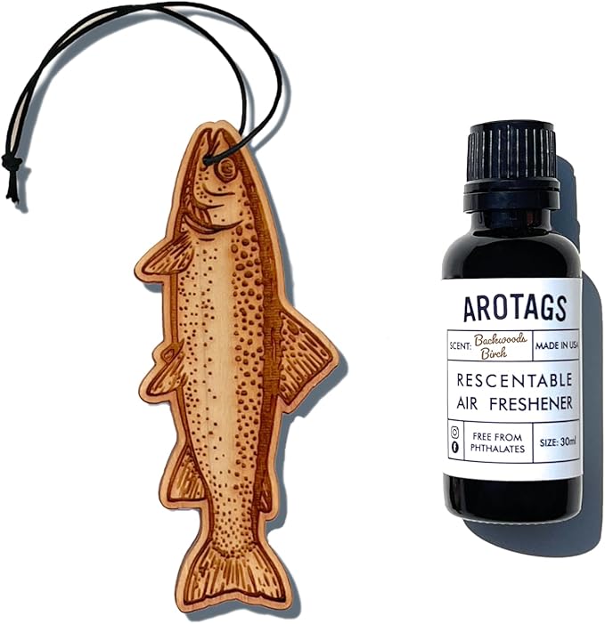 Arotags Backwoods Birch Scent Fish Car Air Freshener – Long Lasting 365+ Days – River Trout Hanging Mirror Refresher and 30 mL Fragrance Oil – American Made Gifts