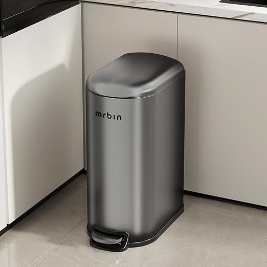 MRBIN Stainless Steel Kitchen Trash Can with Lid 10.5 Gal / 40L Slim Step Commercial Waste Basket with Inner Bucket Soft Close Covered Skinny for Narrow Bedroom Living Room Rvs Eclipse Grey