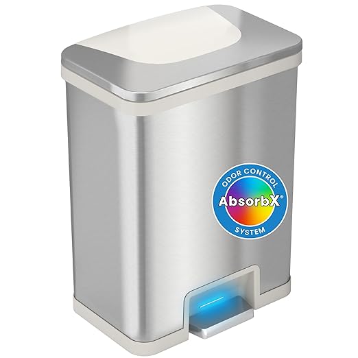 iTouchless 13 Gallon Automatic Step Sensor Trash Can with Odor Control System Stainless Steel Kitchen Pedal Touchless Garbage Bin White