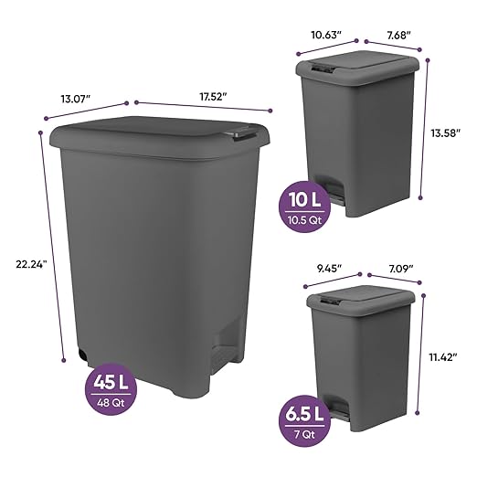 Superio 6.5L 10L and 48L Slim Step &amp Push Trash Cans - 3 Pack Dual Opening Smooth Matte Finish Durable Plastic - Grey