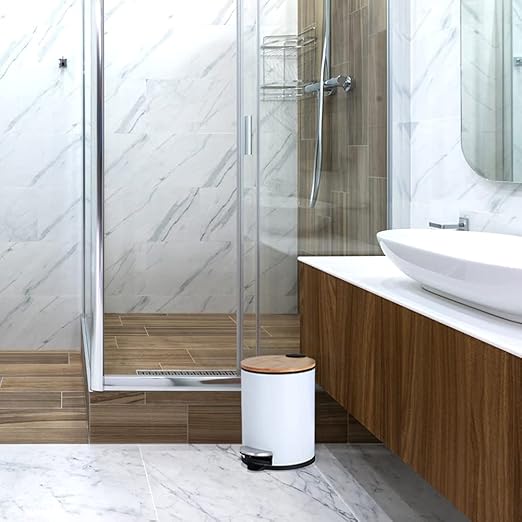 Mini Trash Can with Bamboo Lid Soft Close and Foot Pedal 0.8Gal/3L Tiny Round Trash Can with Removable Plastic Inner Wastebasket for Bathroom Bedroom Powder Room Office Desk Car White