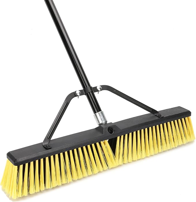 24 Inches Push Broom Outdoor Heavy Duty Broom with 63 Long Handle for Deck Driveway Garage Yard Patio Concrete Floor Cleaning Yellow