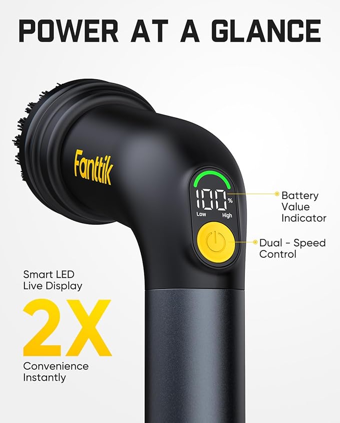 Fanttik G9 Handy Cordless Electric Spin Scrubber MagnaStorm Motor Dual-Speed 5 Brush Heads LED Display IPX7 Waterproof 2500mAh with Type-C Charging for Kitchen Sink Tile Stove