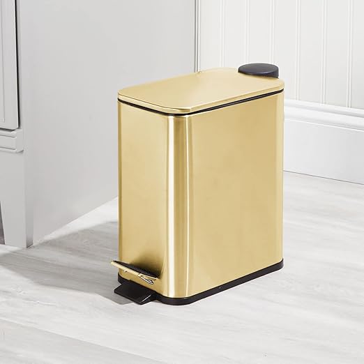 mDesign 1.3 Gallon Rectangular Slim Metal Trash Can w/ Foot Pedal Easy-Close Lid Narrow Wastebasket Garbage Container Bin - Bathroom Bedroom Kitchen Home Office Removable Liner- Soft Brass